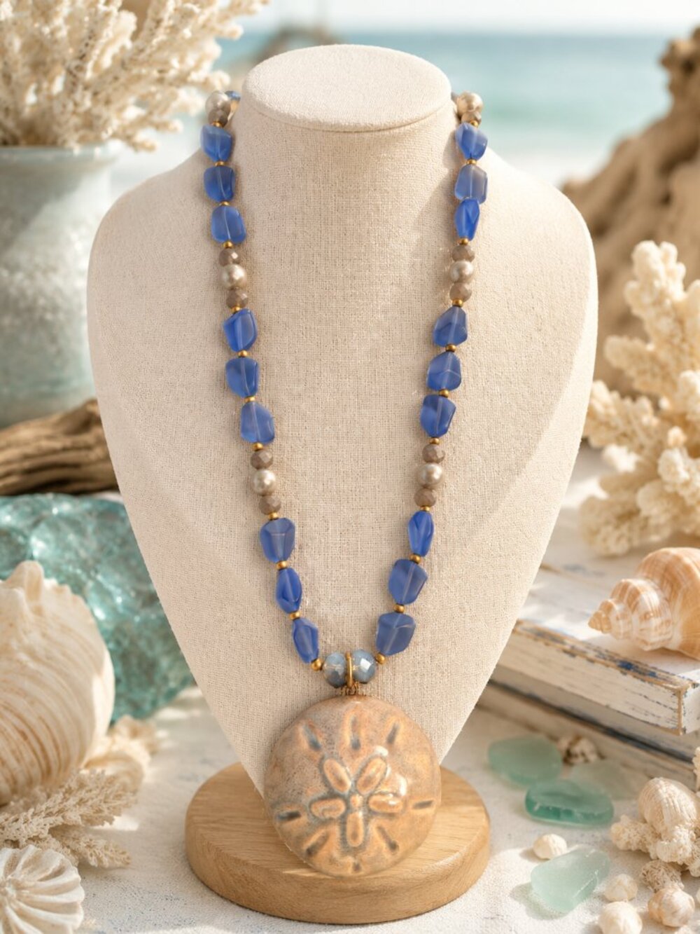 Blue Coastal Sand Dollar Necklace | Beach Beaded Necklace | Pearl Accent Summer
